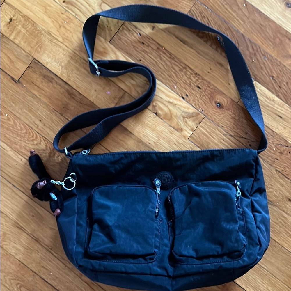 Black Crossbody Bag with Plush Keychain